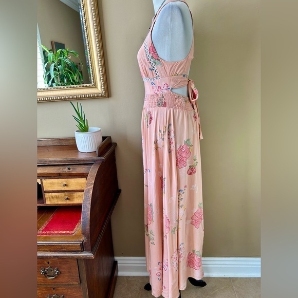 Jaase Endless Summer Bohemian Pink Floral Maxi Dress Smocked Halter Open Back M - Picture 8 of 16